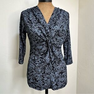 Fresh Produce Top Twist V-Neck Front Stretchy Black Grey Blouse 3/4 Sleeve Small